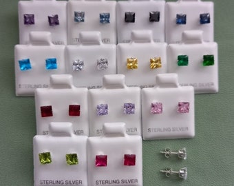 1 Pair of 925 Sterling Silver 3,4,5,6,7 or 8mm Square Birthstone Colour CZ Diamante Glass Stud Earrings + Black Velveteen Gift Bag