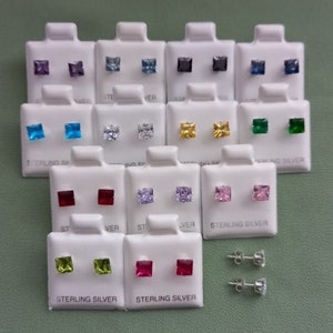 925 Sterling Silver 3-8mm Square Birthstone Colour Stud Earrings + Gift Bag
