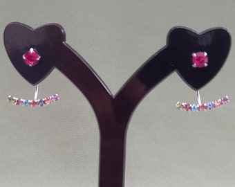 925 Sterling Silver 4mm Pink Crystal Glass Multi Coloured Ear Jacket Double Stud Earrings With Black Velveteen Gift Bag *Free UK delivery*