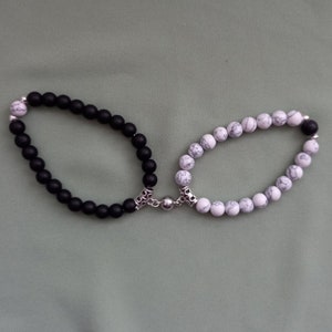 Magnetic Couple Bracelets: Black & White Beaded Set + Gift Bags