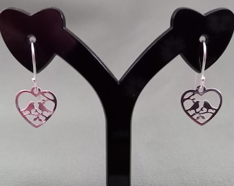 925 Sterling Silver Heart or Round Robin Nightingale Love Bird & Branch Dangel Drop Earrings + Black Velveteen Gift Bag *Free UK Delivery*