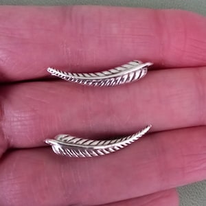 May include: Two silver feather earrings, each with a detailed textured design. The earrings are shown on a hand, with the feather pointing upwards.