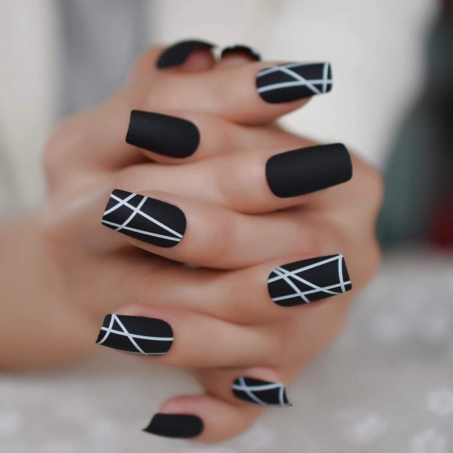 Matte Black Nails Glue on Press on square goth edgy white Etsy