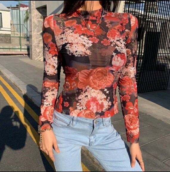 Elegant Rose Sheer Mesh Top Long Sleeve 