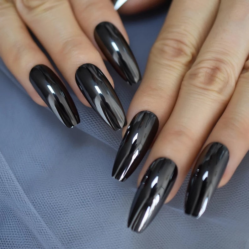 Gun metal Chrome Extra Long Coffin Press on nails glue on | Etsy