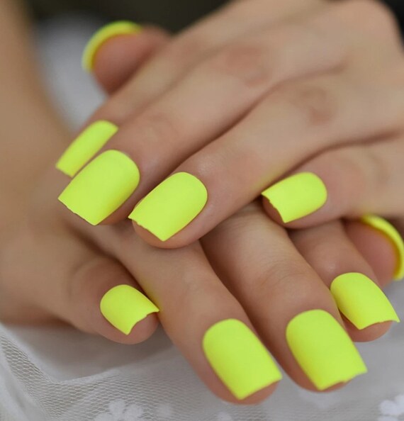 24 Short Matte Electric Neon Green Yellow Press On Nails Etsy
