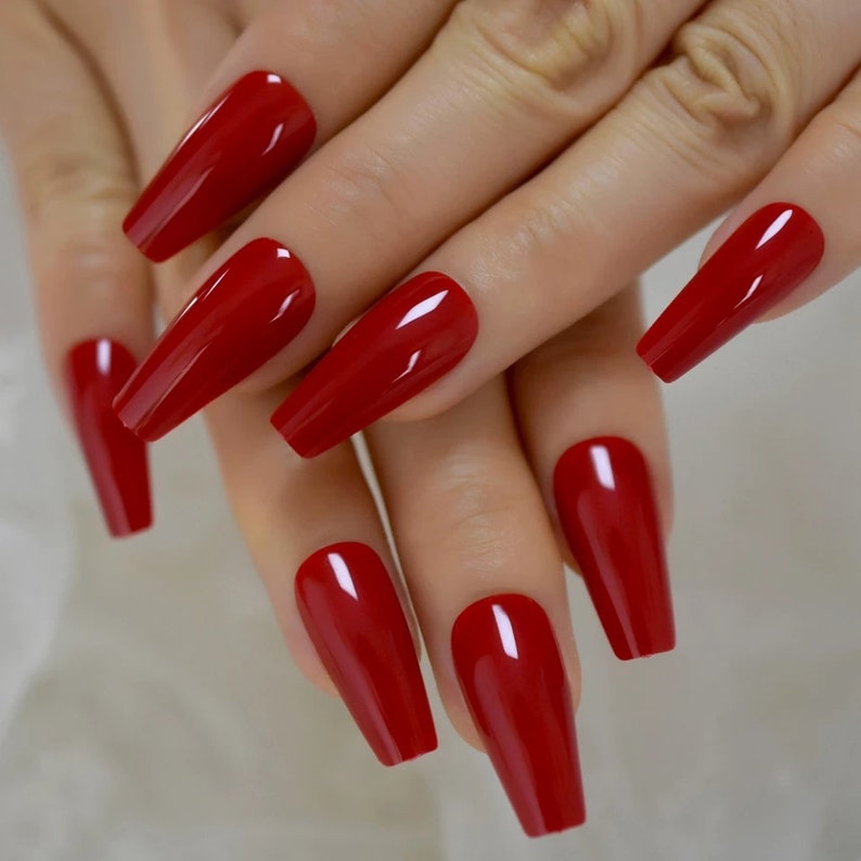 24 New Color Dark Red Long Coffin Press Glue On Glossy Nails