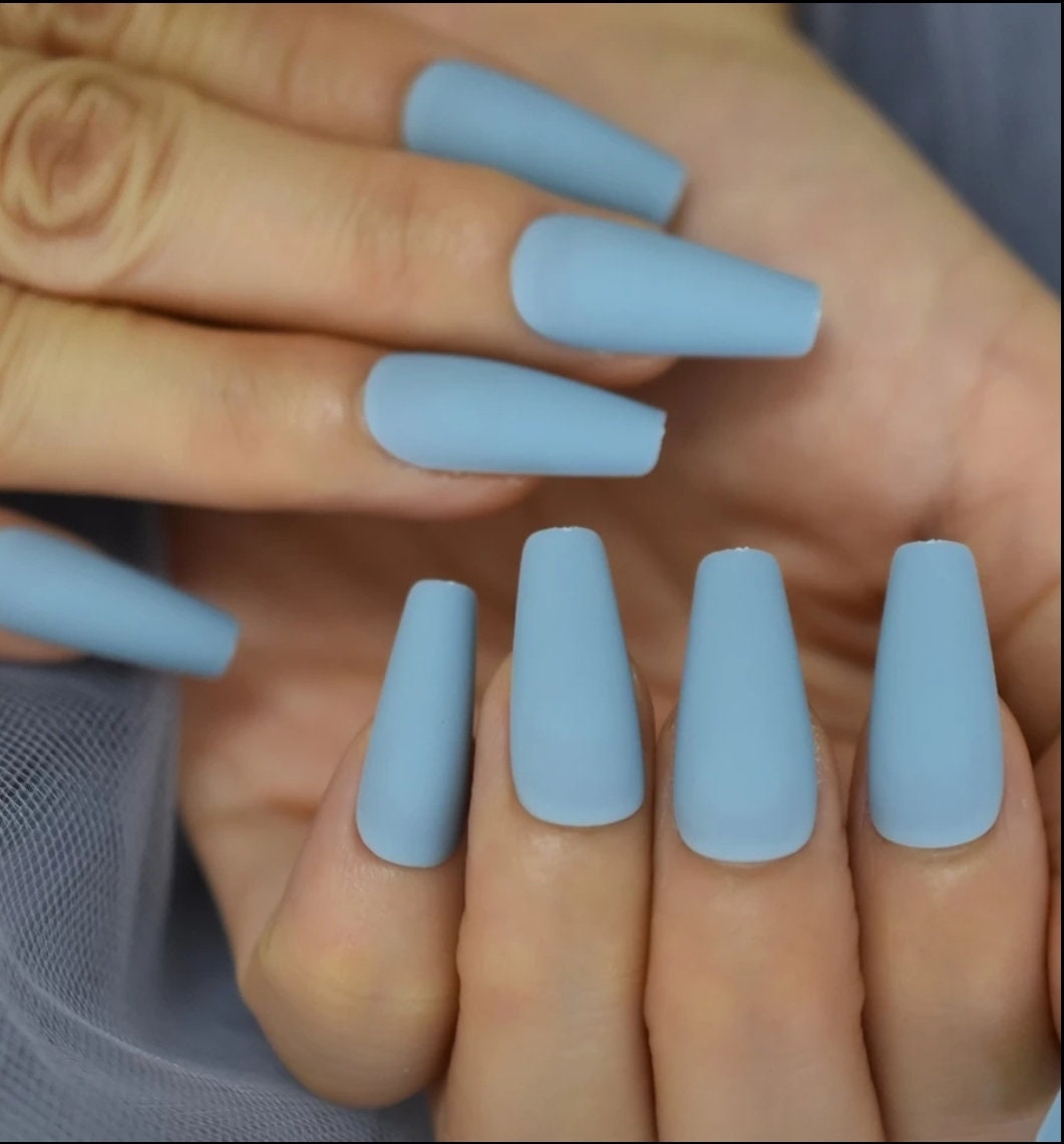 24 Matte Pastel Denim Blue Press On Nails Glue On Long Coffin Etsy New Zealand