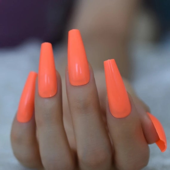 24 Extra Long Coffin Neon Orange Press On Nails Glue On Etsy