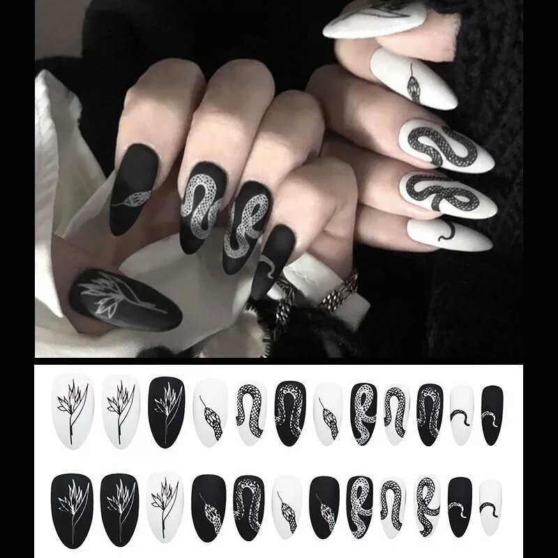 24 Matte Black White Snake Press on Nails Witchy Goth Alt Dark | Etsy