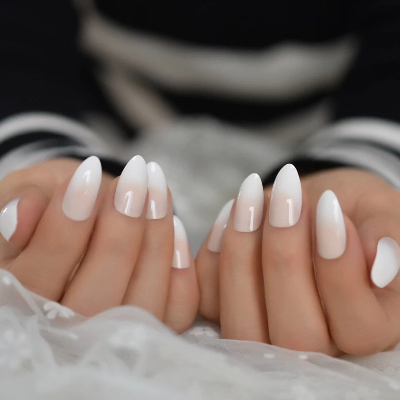 Medium Almond Ombre Pink French tip white Press on nails glue | Etsy