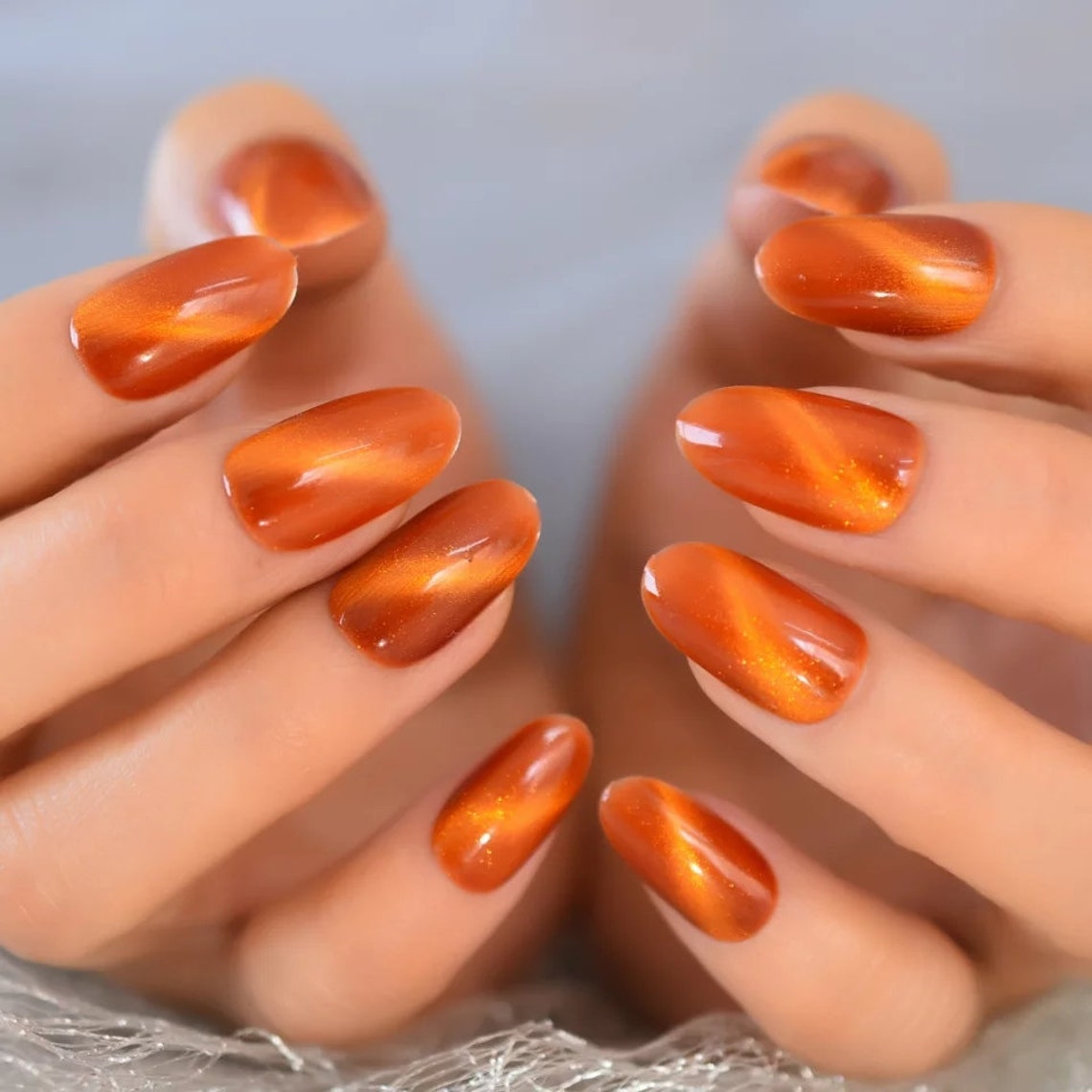 Orange gold Galaxy Gel Cat eye Medium Acrylic Press on nails Etsy