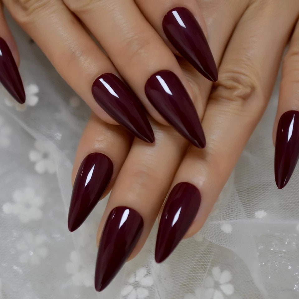24 Glossy Maroon Stiletto Long Press On Nails Witchy Goth Alt Etsy