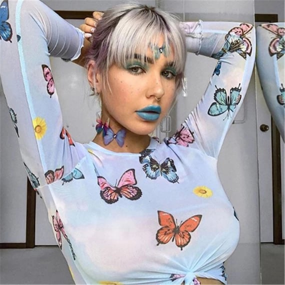 Butterfly Sheer Mesh Top Long Sleeve 