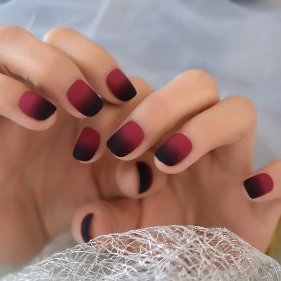 24 Short Red Black Ombre Dark Press On Nails Glue On Gothic Etsy New Zealand
