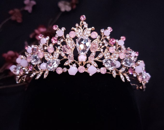 Rose Gold Tiara Crown Detailed Crystal Pink Peach Princess Etsy