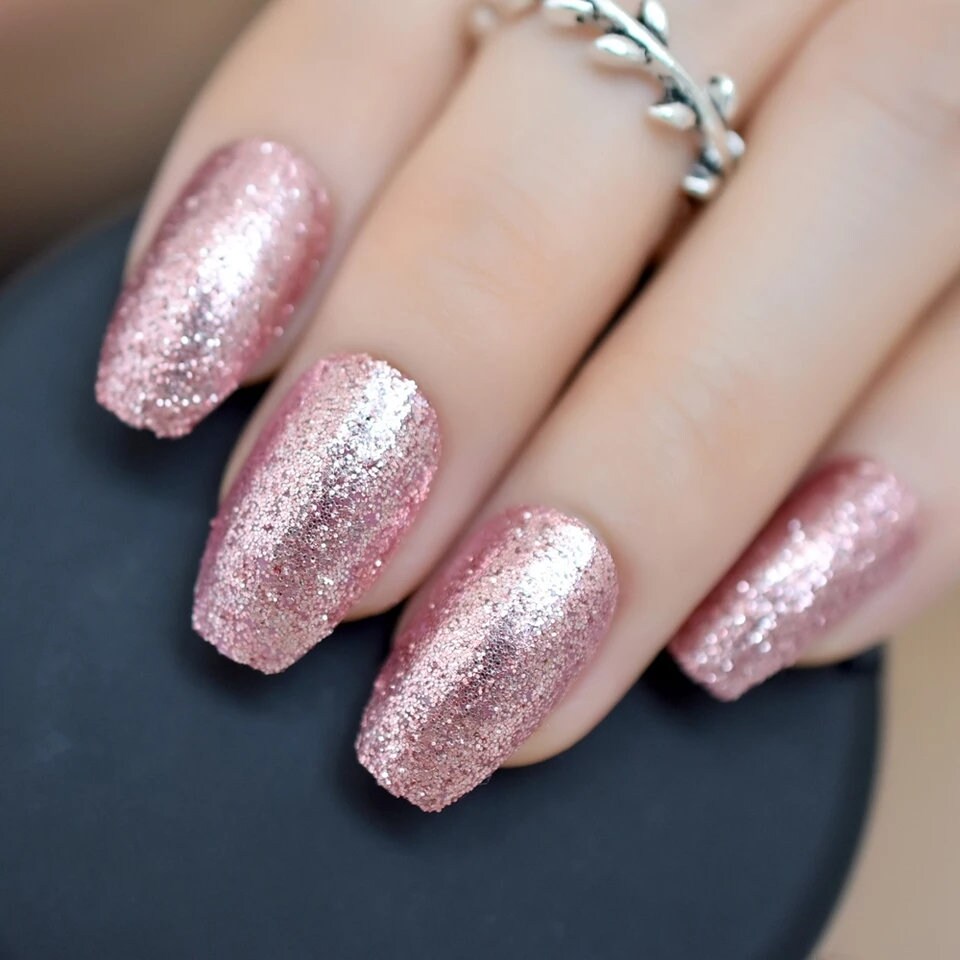 24 Rose Gold Glitter Press on Nails Glue on Manicure Medium Etsy