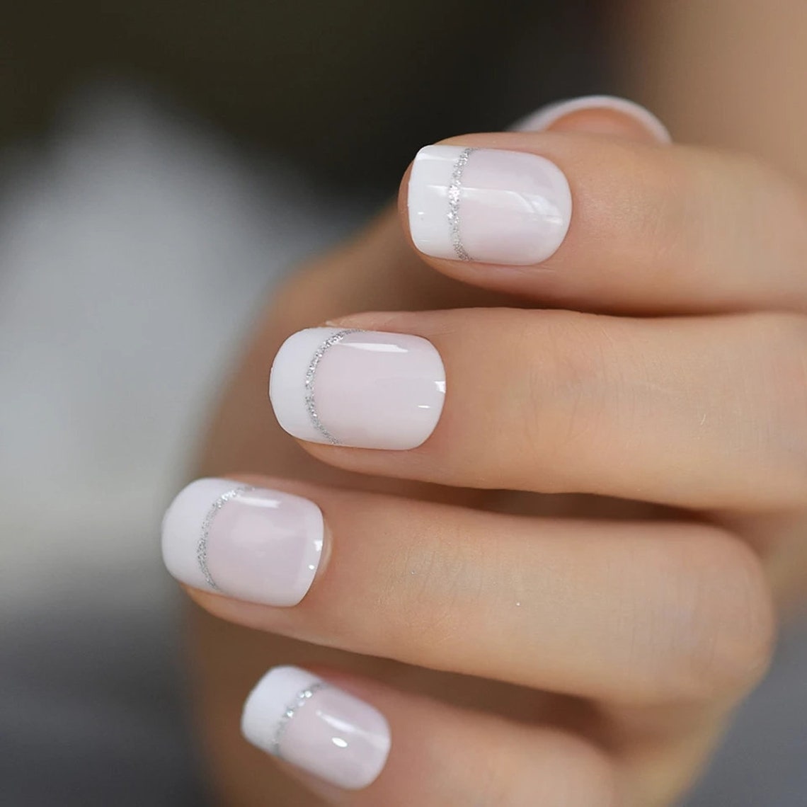 Classic French Mani Short Press On Nails silver glitter line Etsy