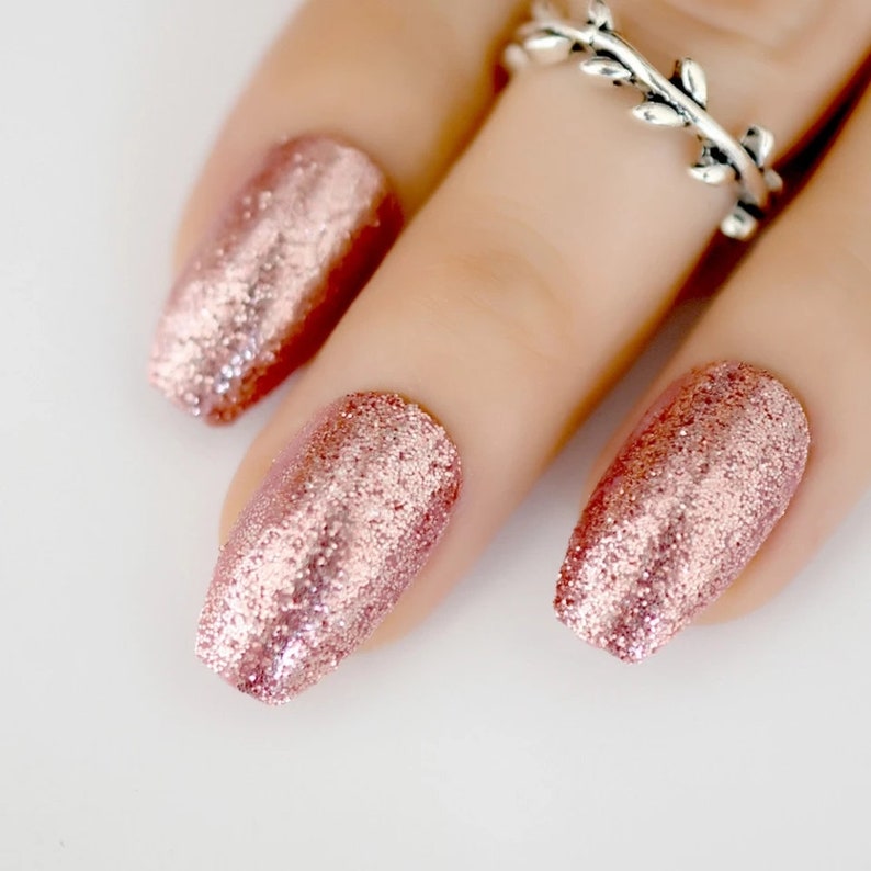 24 Rose Gold Glitter Press on Nails Glue on Manicure Medium Etsy