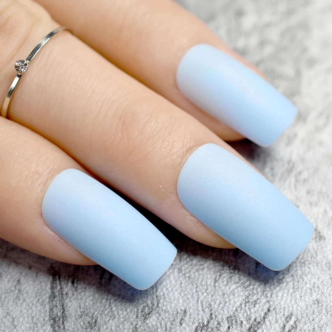 Square Baby Blue Matte Nails Glue on Press on nails Etsy