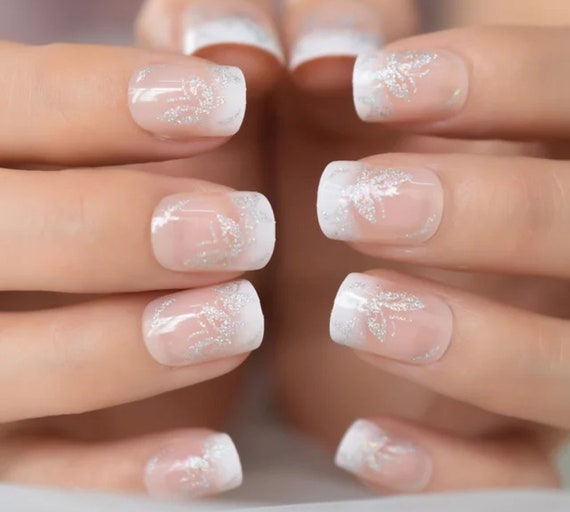 24 Short French Tip Ombre Press On Nails Silver Glitter Etsy Hong Kong