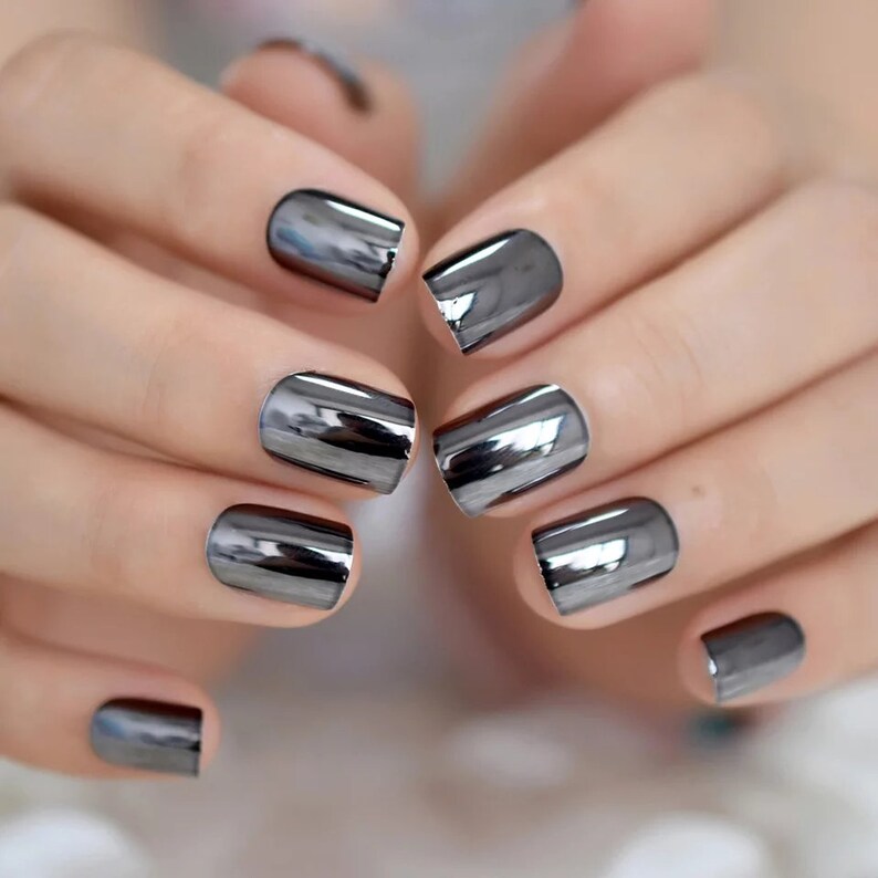 Gun Metal Chrome Press On Nails Glue on Mirror shiny metallic Etsy