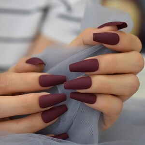 24 Matte Maroon Long Coffin Press On Nails Glue On Dark Red Etsy Ireland
