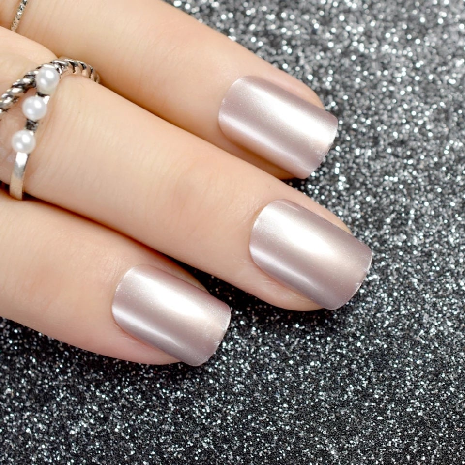 Champagne Pearl Short Press on nails glue on satin shine silk Etsy