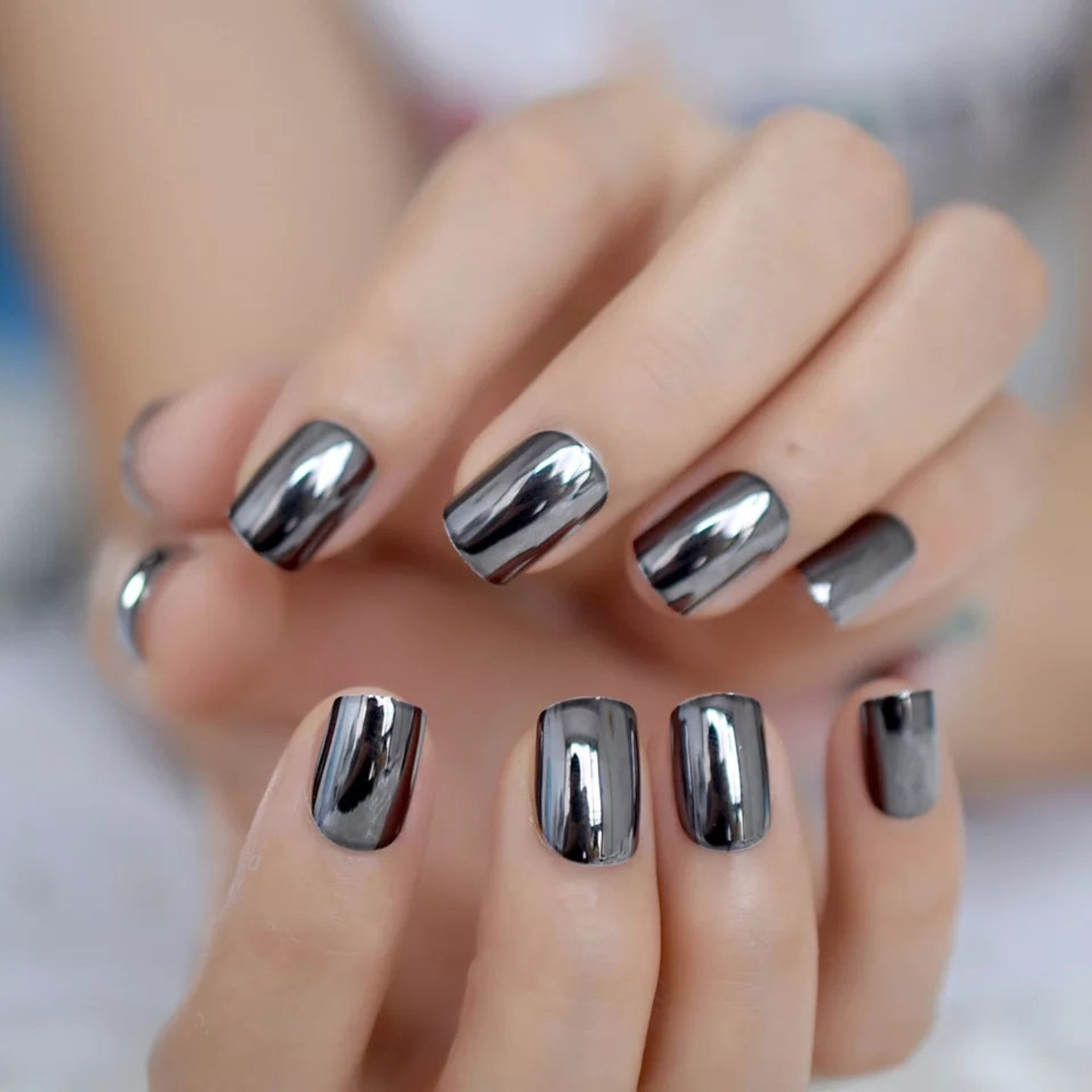 Gun Metal Chrome Press On Nails Glue on Mirror shiny metallic Etsy