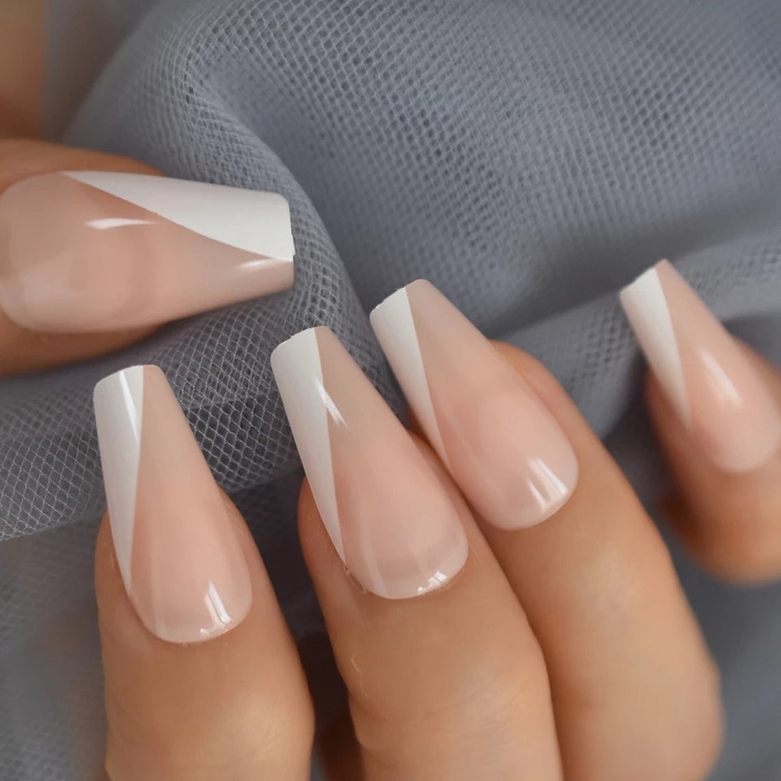 Long Angled French tip coffin nails glue on press on classic Etsy