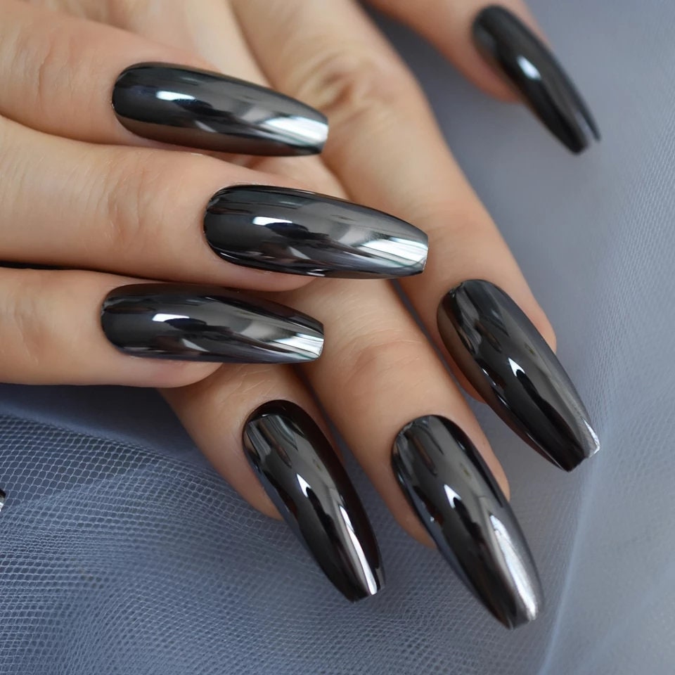 24 Gun Metal Chrome Extra Long Coffin Press on Nails Glue on - Etsy