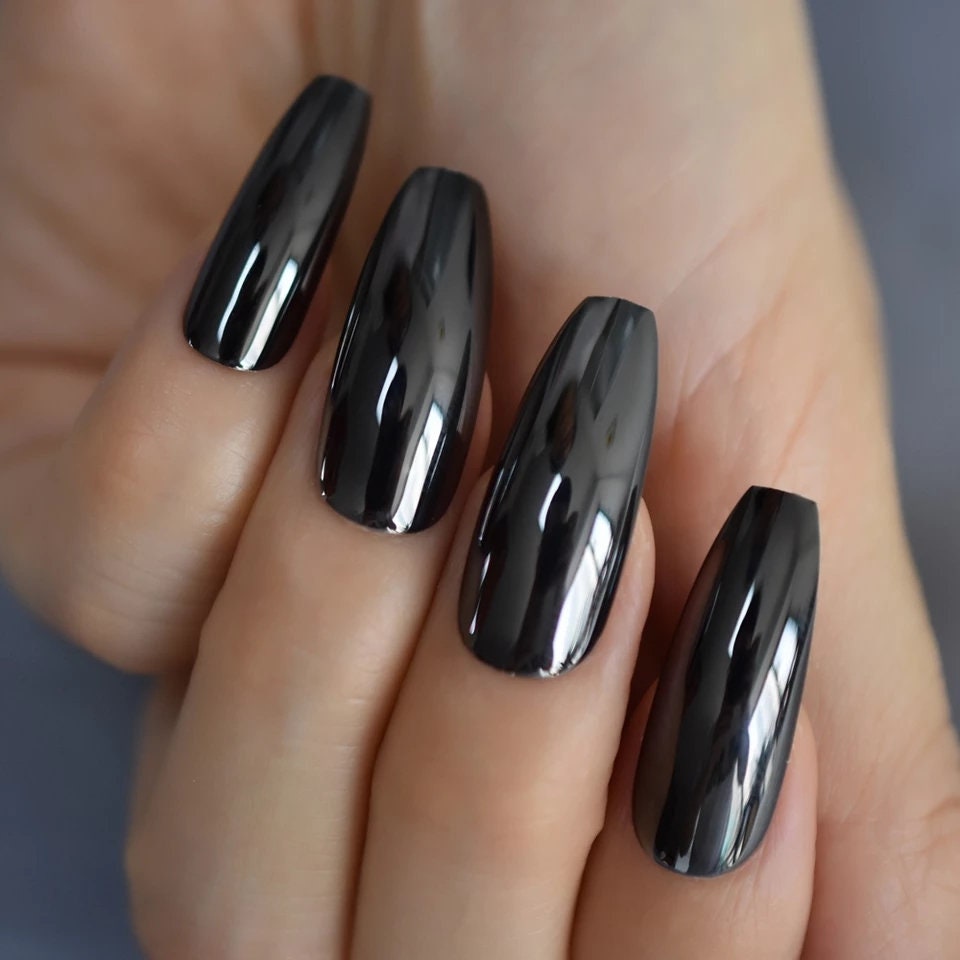 24 Gun Metal Chrome Extra Long Coffin Press on Nails Glue on - Etsy