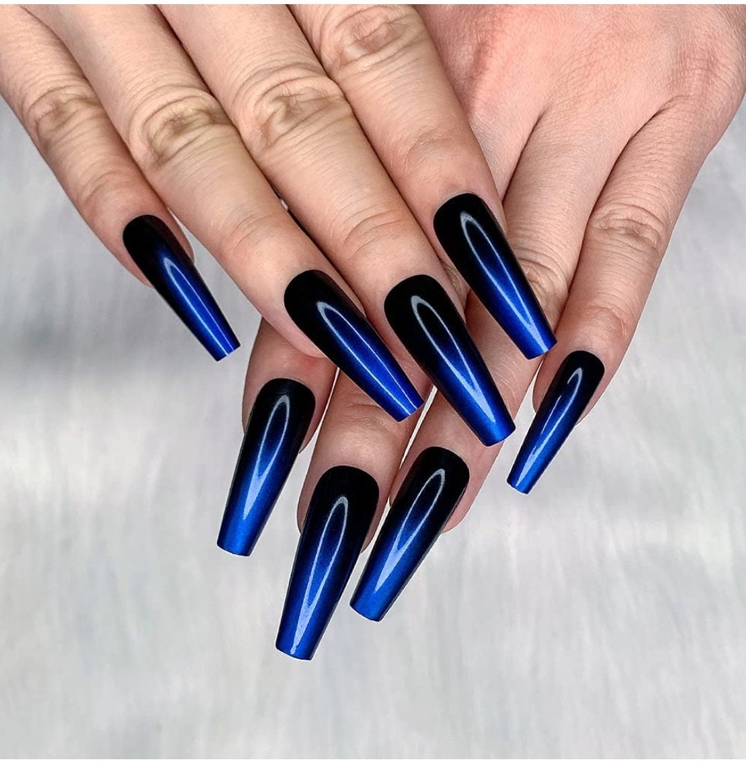 Blue Black Ombre Extra Long Press on nails glue on Straight | Etsy