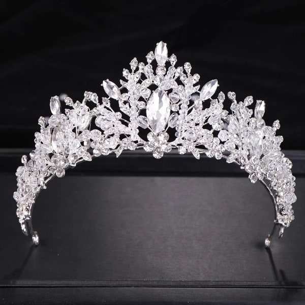 Crystal Silver Tiara Crown Detail Princess Queen headress jewelry bridal Halloween cosplay diadem spike wedding pageant