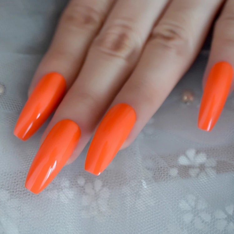 14 Times Points 24 Extra Long Coffin Neon Orange Press On Nails Glue On Curved Bright Raver Summer 80s Rave Cheap Collections Www Esfiya Com