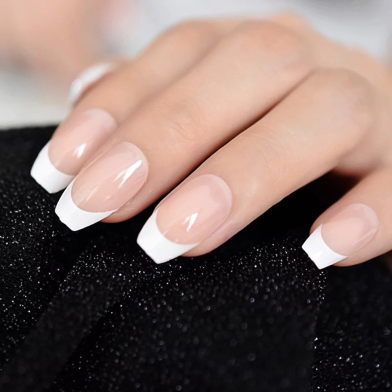Medium French Manicure Nude White tip coffin press on Nails Etsy