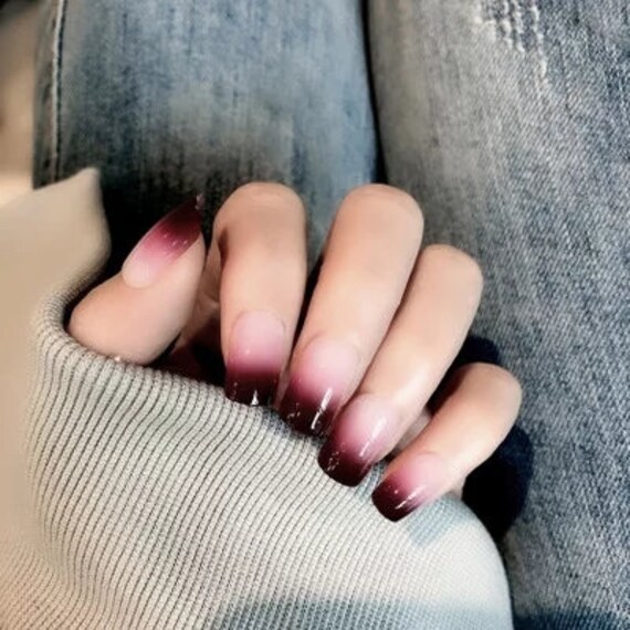 Goth Dark Red Ombre Press On Nails Nude Medium Short French Etsy Australia