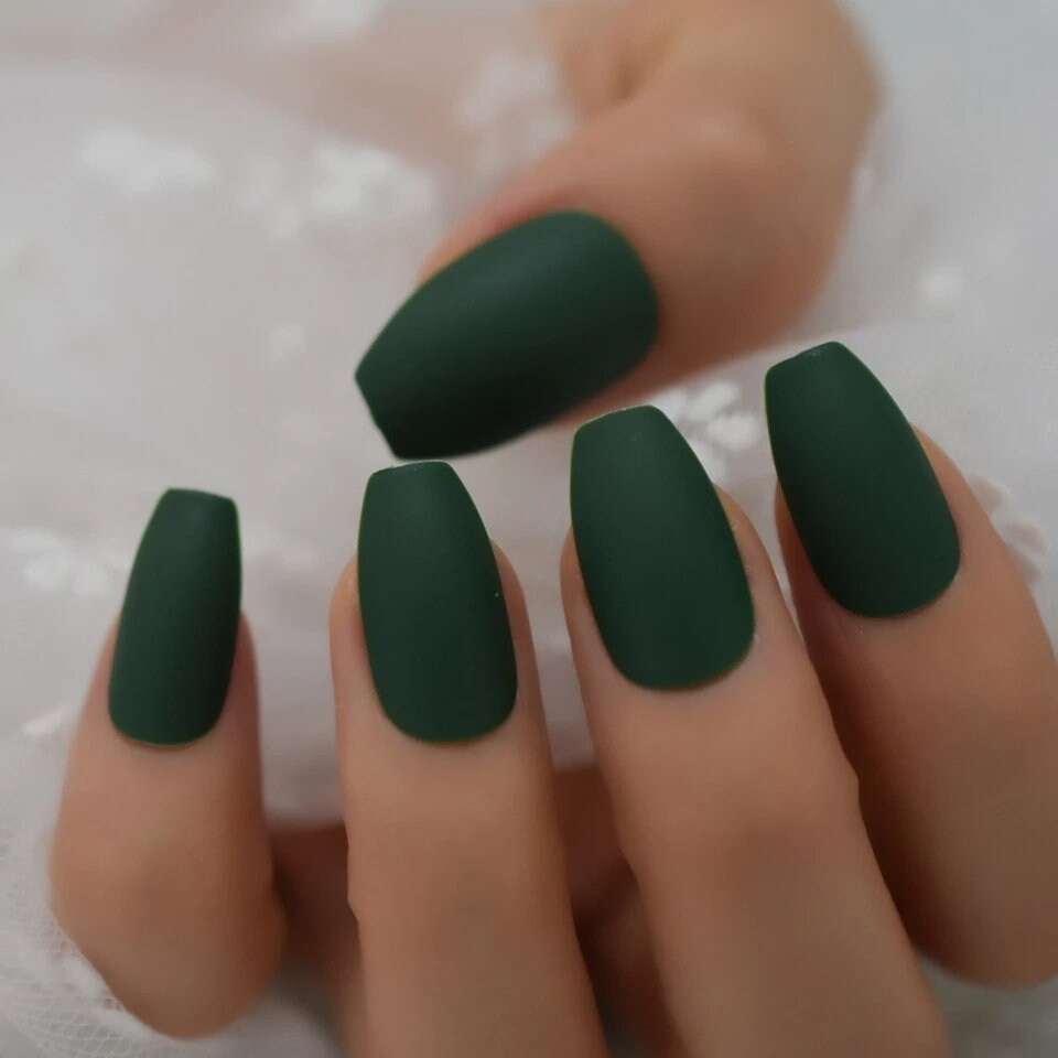 Dark Matte Green Press on Nails Medium Coffin hunter Forest | Etsy