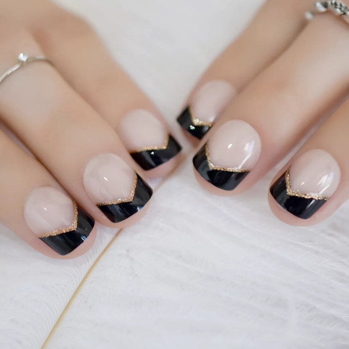 Black Tip French Dark Press On nails Glue on Gothic edgy Etsy