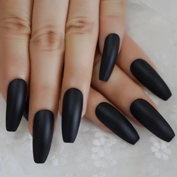 24 Matte Black Extra Long Coffin Press on Nails Witchy Goth | Etsy