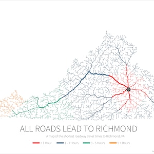 Puede incluir: Un mapa que muestra los tiempos de conducción más cortos desde varios lugares de Virginia hasta Richmond, Virginia. El mapa está codificado por colores para mostrar los tiempos de viaje: rojo para menos de 1 hora, azul para 1-3 horas, verde para 3-5 horas y naranja para 5 horas o más.