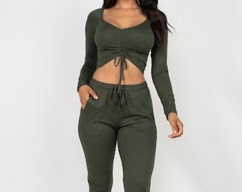 Conjunto de salón de punto de jersey suave, conjunto de jogger de 2 piezas, conjunto a juego para mujeres, conjunto de pantalones y manga larga de dos piezas, conjunto de top corto, regalo para ella
