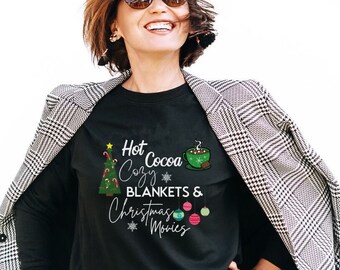 Hot Cocoa Cozy Blankets Christmas Movies Sweatshirt, Funny Christmas Coffee Sweater, Oversized Women Holiday Shirt, Xmas Party Shirt