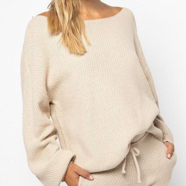 Knit Top & Pants Lounge Set, Off-Shoulder Sweater Lounge Set, 2pc Set Lounge Wear, Women's Comfy Matching Set, Regalo para esposa