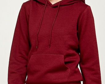 May include: A maroon hoodie with a drawstring hood and a kangaroo pocket. The long-sleeved sweatshirt is made of a soft material and is a solid color. The hoodie is part of a matching set.