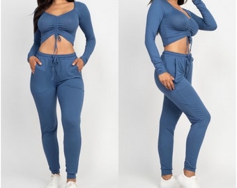 Two Piece Knit Lounge Set, Crop Top & Pants Loungewear Set, Matching Set Outfit For Women, Cute Ruched Top Sweatsuit, Casual Wear Jogger Set