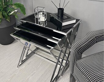 Modern Nesting Coffee Table Set,Black Glass with Chrome Frame,Space-Saving Side Tables, 40x60 h57 cm  40x55 h54 cm  40x50 h51 cm