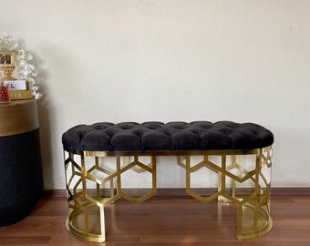 Guldfärgad oval ottomansk bänk, 40 x 100 cm laserskuren sammetspall, lyxiga sovrumssittplatser, modern heminredning, elegant present till inflyttningsfest