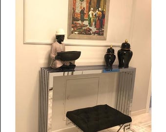 Black Marble Console Table with Geometric Silver Base, Modern Entryway Furniture, Narrow Hallway Table, Minimalist Home Decor,40*120 h:85 cm