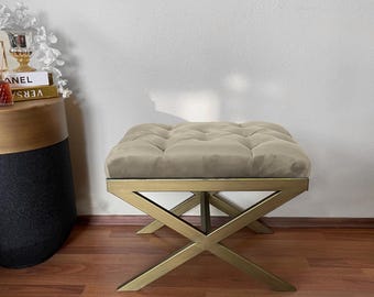 Gold Upholstered Ottoman Bench, 40x60 Tufted Stool with Cross Legs, Elegant Bedroom Vanity Seat, Living Room Décor, Housewarming Gift